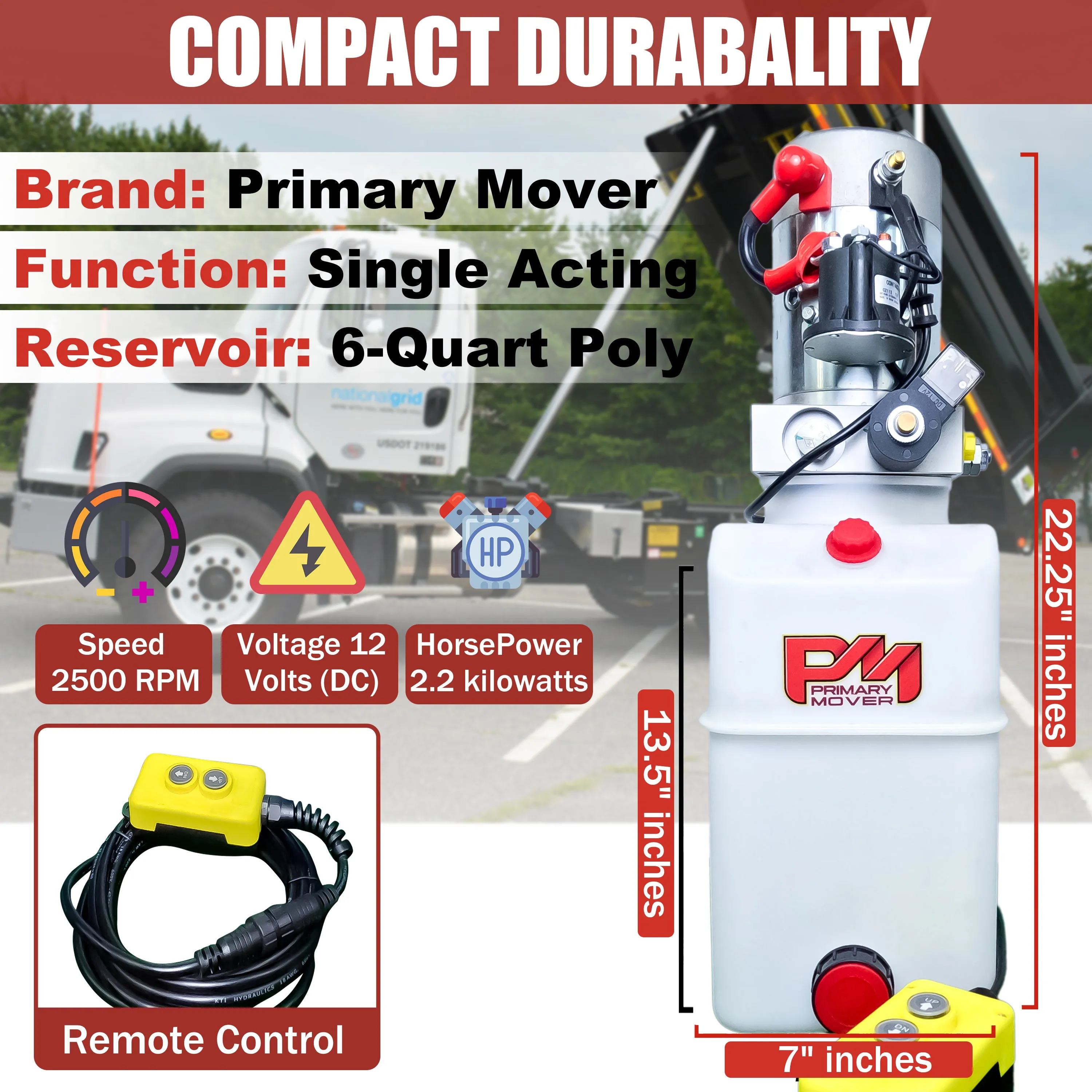 Primary Mover 12V Single-Acting Hydraulic Pump - Poly Reservoir