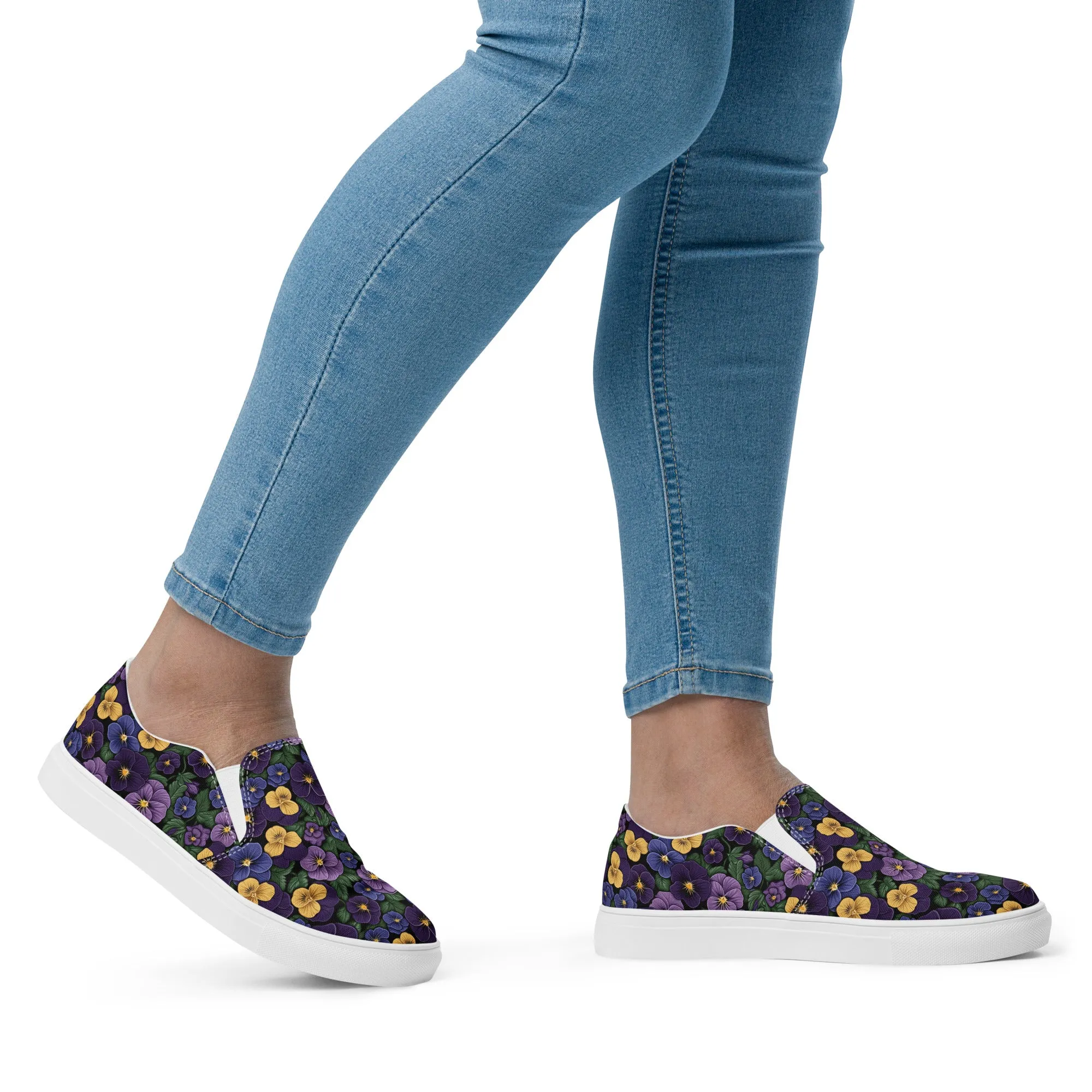 Women’s Purple Pansy Print slip-on canvas shoes, Women's Floral Design Casual Summer Shoes